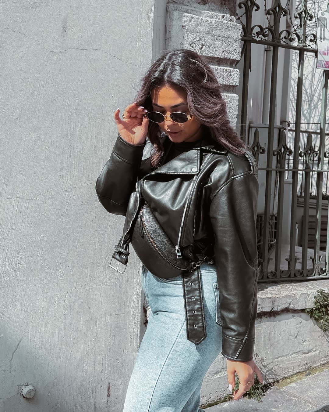 Michelle in a leather jacket on an Istanbul street